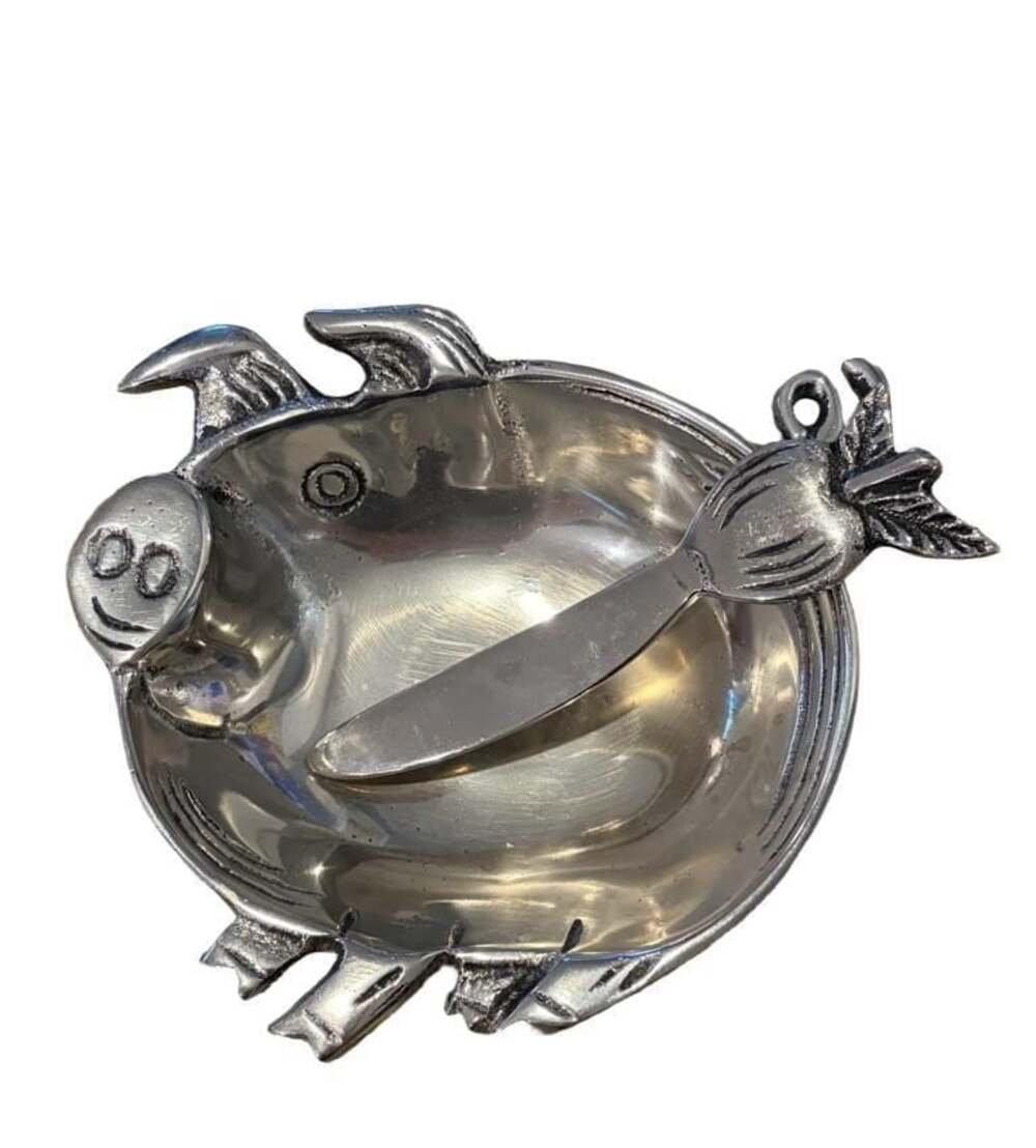 Polished Aluminum Pig Tidbit Server With Carrot Spreader